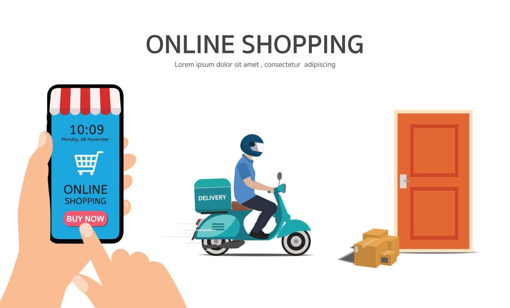 shopping online sul sito Web o sull'applicazione mobile concetto di marketing vettoriale e marketing digitale. mano che tiene lo smartphone e fare clic sull'applicazione mobile. servizio di consegna scooter.