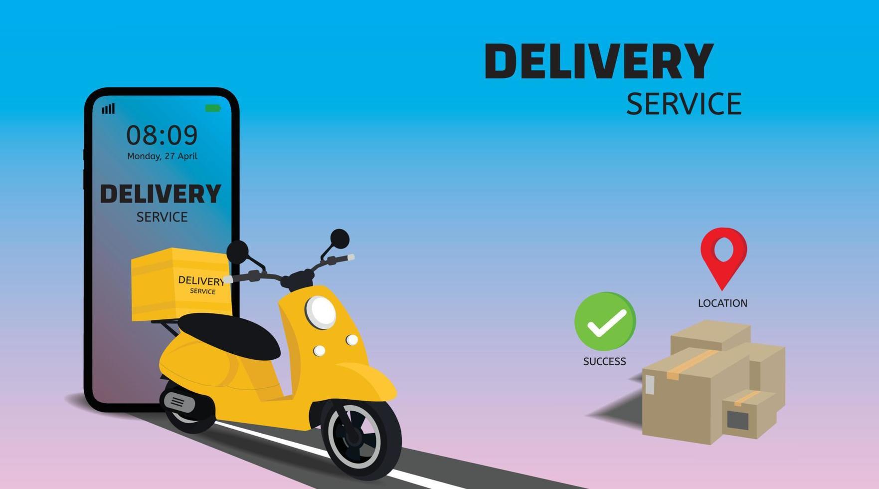 servizio di consegna in scooter su cellulare. ordine di cibo online e scatola di imballaggio. servizio di consegna online concept.vector illustrazione. vettore