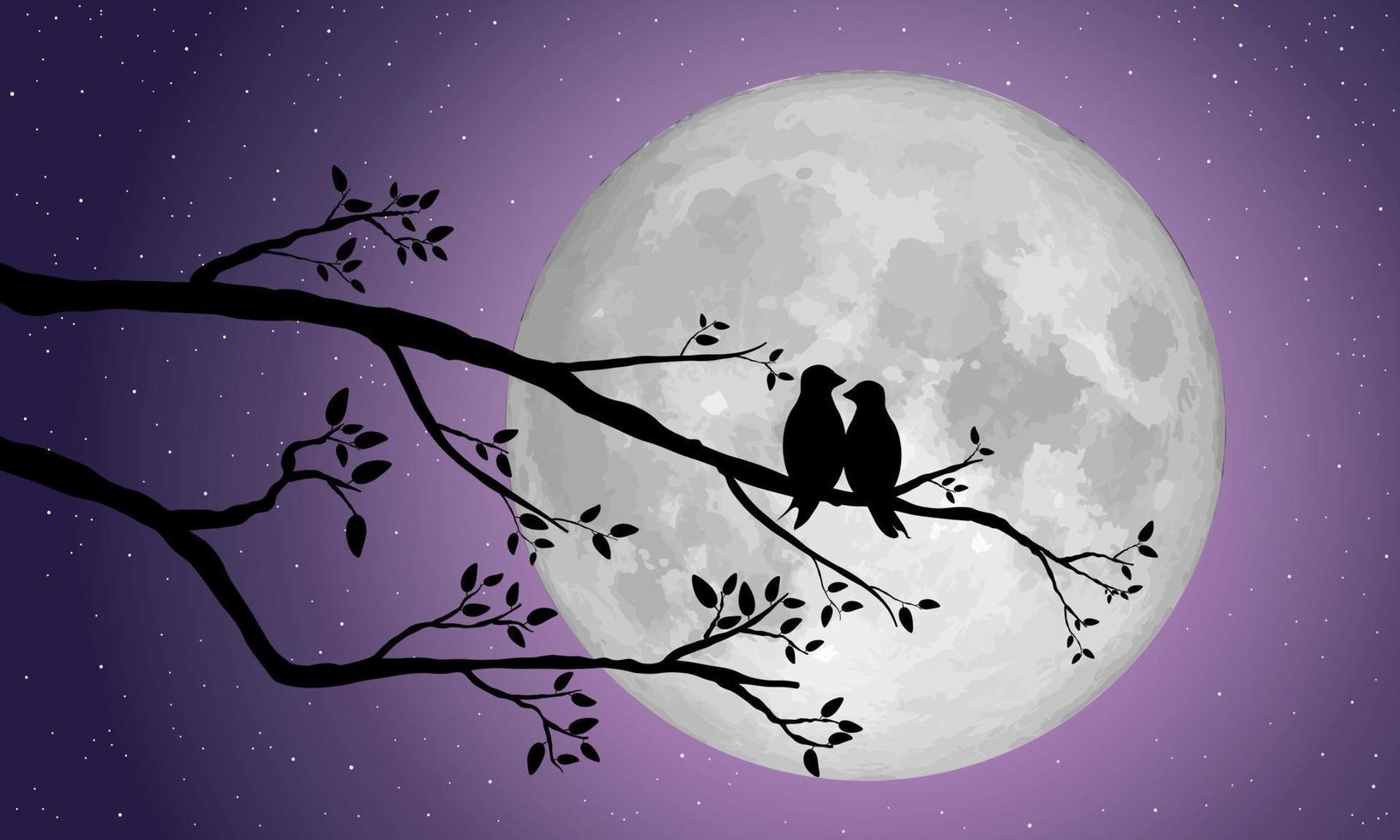 silhouette di uccelli amorevoli appollaiati su un ramo di un albero sopra la luna piena per amore e San Valentino. illustrazione vettoriale. vettore