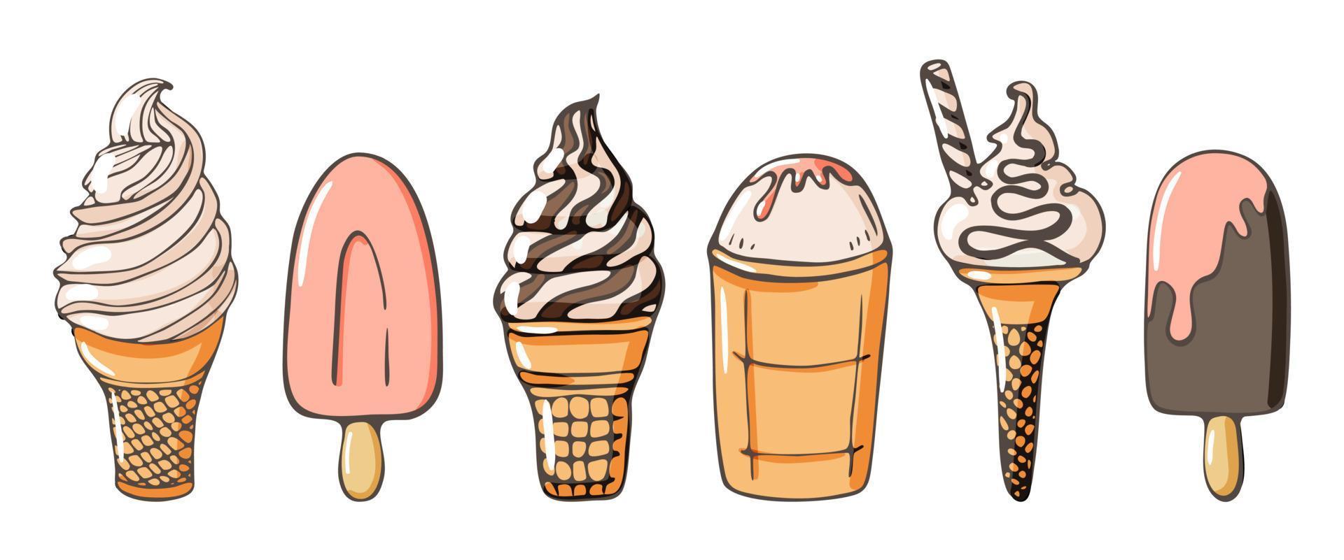 set di icone di gelato doodle illustrazione vettoriale. collezione estiva per bambini di tendine parasole e in cono isolato su bianco vettore