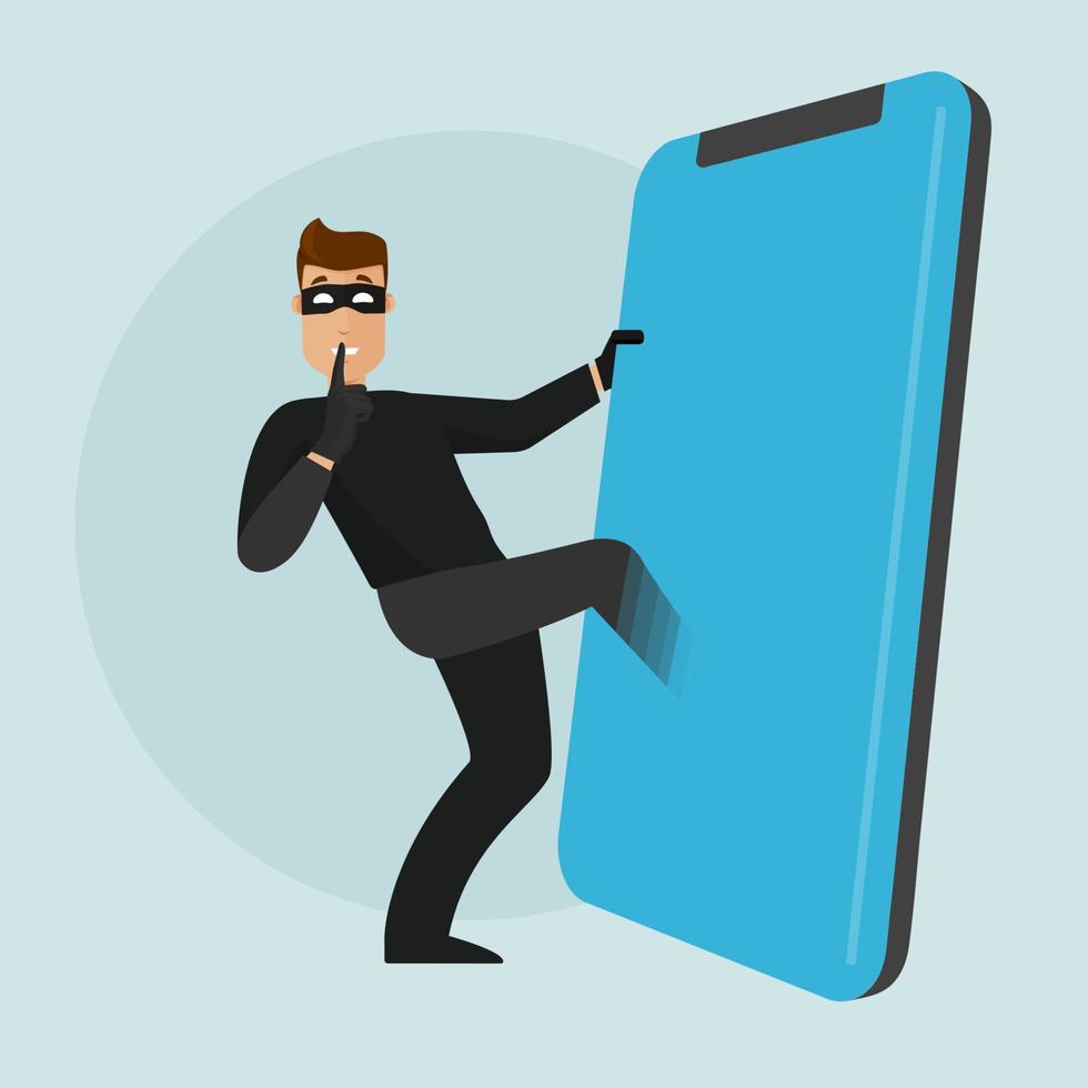 un ladro entra nel telefono. rubare dati dal telefono. rompere il muro di sicurezza su un dispositivo mobile. vettore