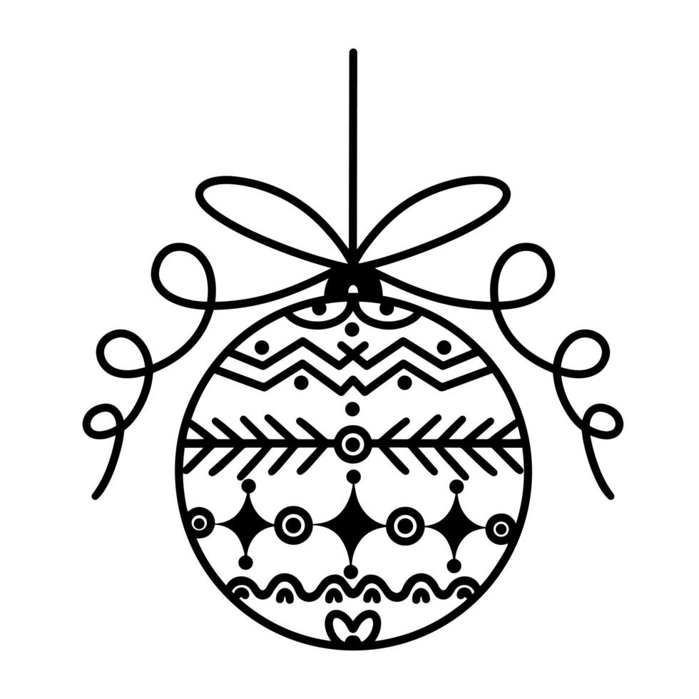 icona di vettore di palla di Natale. illustrazione disegnata a mano isolata su bianco. giocattolo festivo rotondo appeso a una corda con un fiocco. concetto monocromatico di oggetto in vetro. uno schizzo di una sfera con un ornamento.