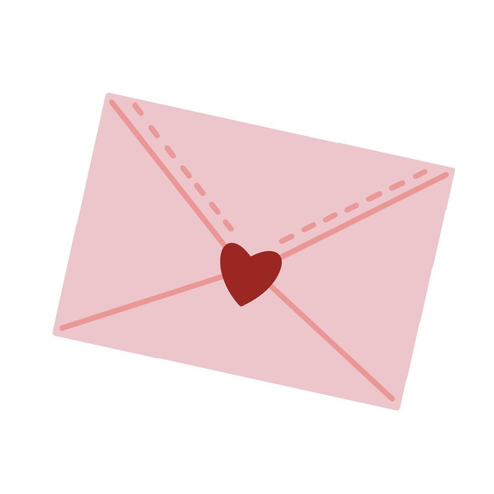 icona di vettore di lettera. busta rosa chiusa disegnata a mano con timbro a cuore. messaggio romantico per san valentino. stile piatto, schizzo a colori. pacchetto carino, concetto festivo per la decorazione, il design, la stampa