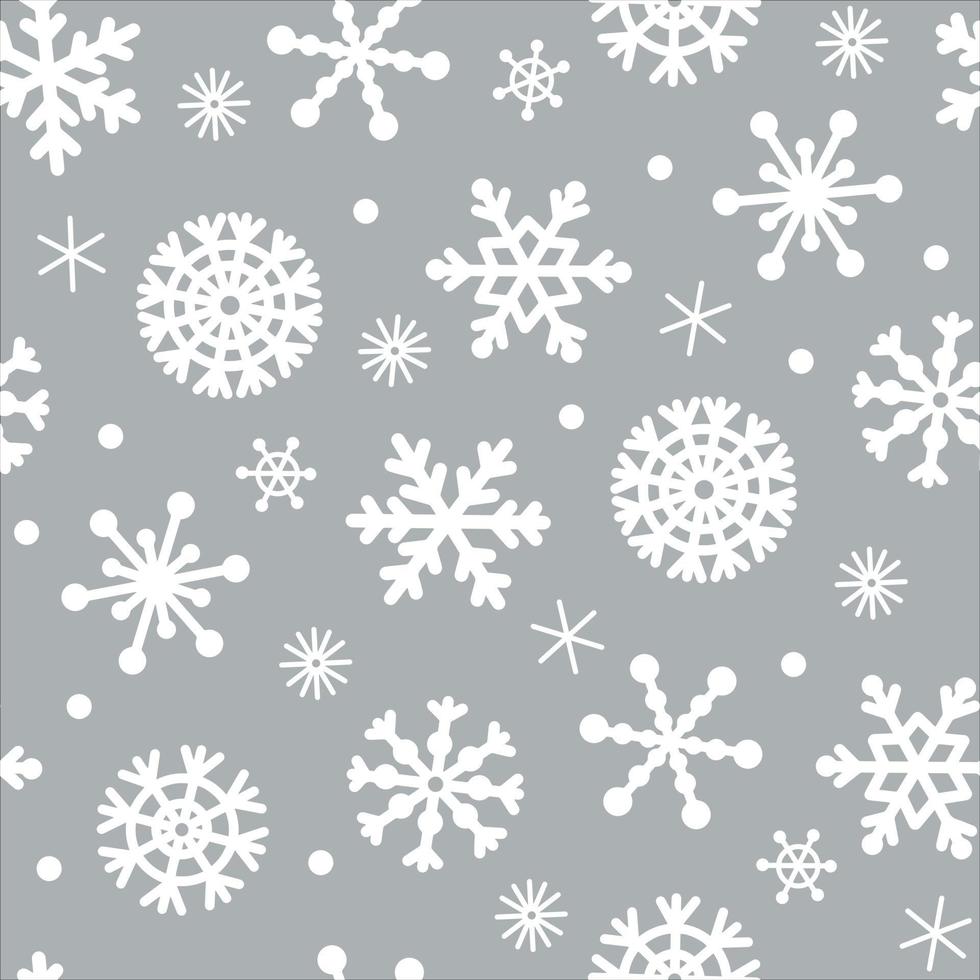 modello di vettore senza soluzione di continuità nevicata. illustrazione disegnata a mano. fiocchi di neve eleganti bianchi su sfondo argento. bellissimi cristalli di ghiaccio, bufera di neve. sfondo festivo per la decorazione, il design tessile, la stampa.