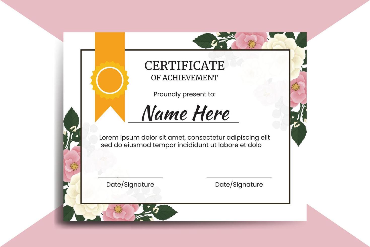 modello di certificato rosa mini fiore rosa acquerello digitale disegnato a mano vettore