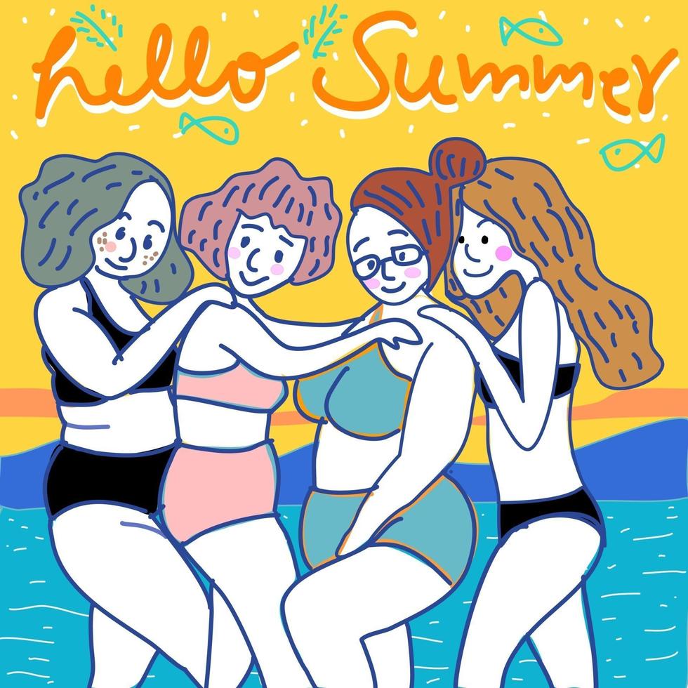 gruppo di amiche in bikini sulla spiaggia in estate con mare blu montagna e cielo al tramonto fumetto disegnato a mano vettore.gruppo di migliori amici. vettore