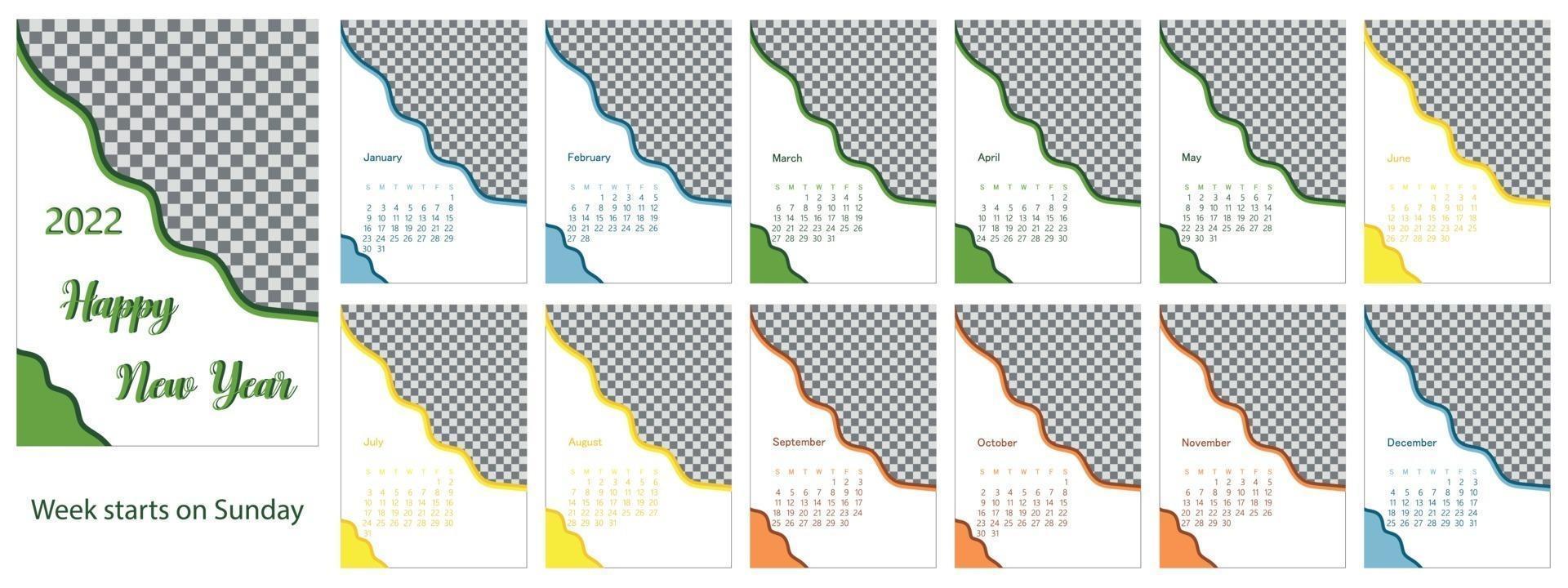 disegno del calendario colorato 2022. la settimana inizia di domenica vettore