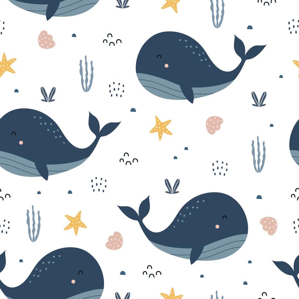 balena blu con corallo nel mare simpatico cartone animato sfondo seamless pattern il design utilizzato per tessile, modello di abbigliamento, stampa, carta da parati, illustrazione vettoriale. vettore