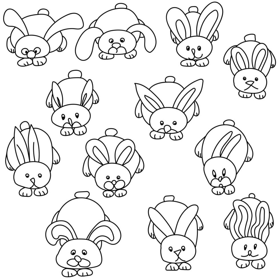 set di coniglietti di contorno con orecchie lunghe, simpatici coniglietti pasquali, pagina da colorare per bambini vettore