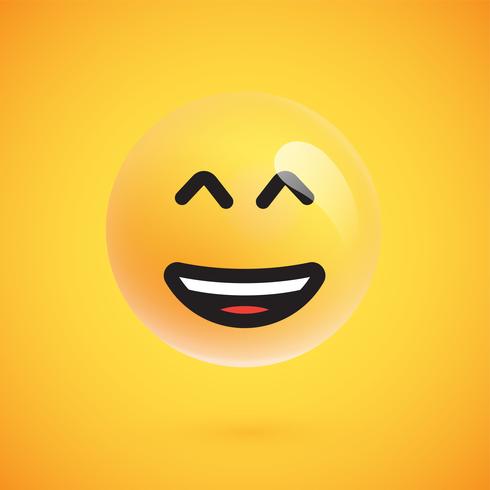 Emoticon giallo realistico davanti a uno sfondo giallo, illustrazione vettoriale