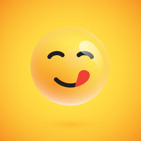 Emoticon giallo realistico davanti a uno sfondo giallo, illustrazione vettoriale