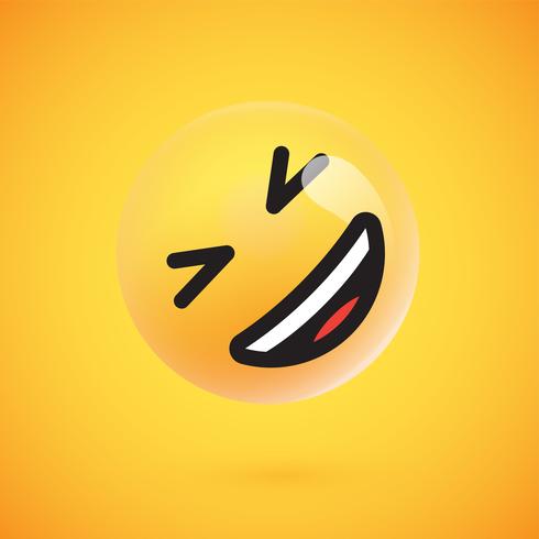 Emoticon giallo realistico davanti a uno sfondo giallo, illustrazione vettoriale