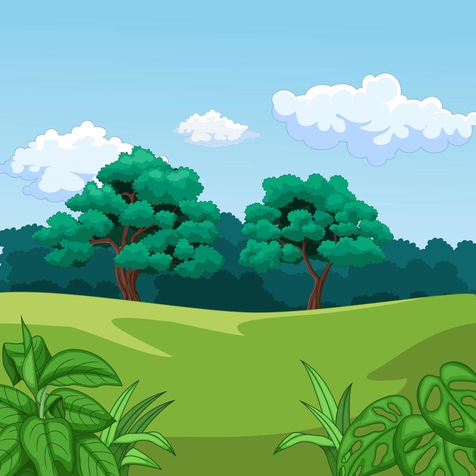 sfondo del paesaggio naturale con erba verde e alberi vettore