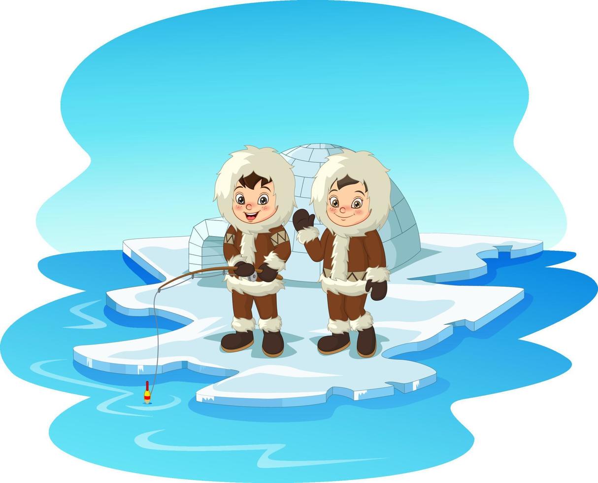 cartone animato eschimese artico bambini che pescano su un lastrone di ghiaccio vettore
