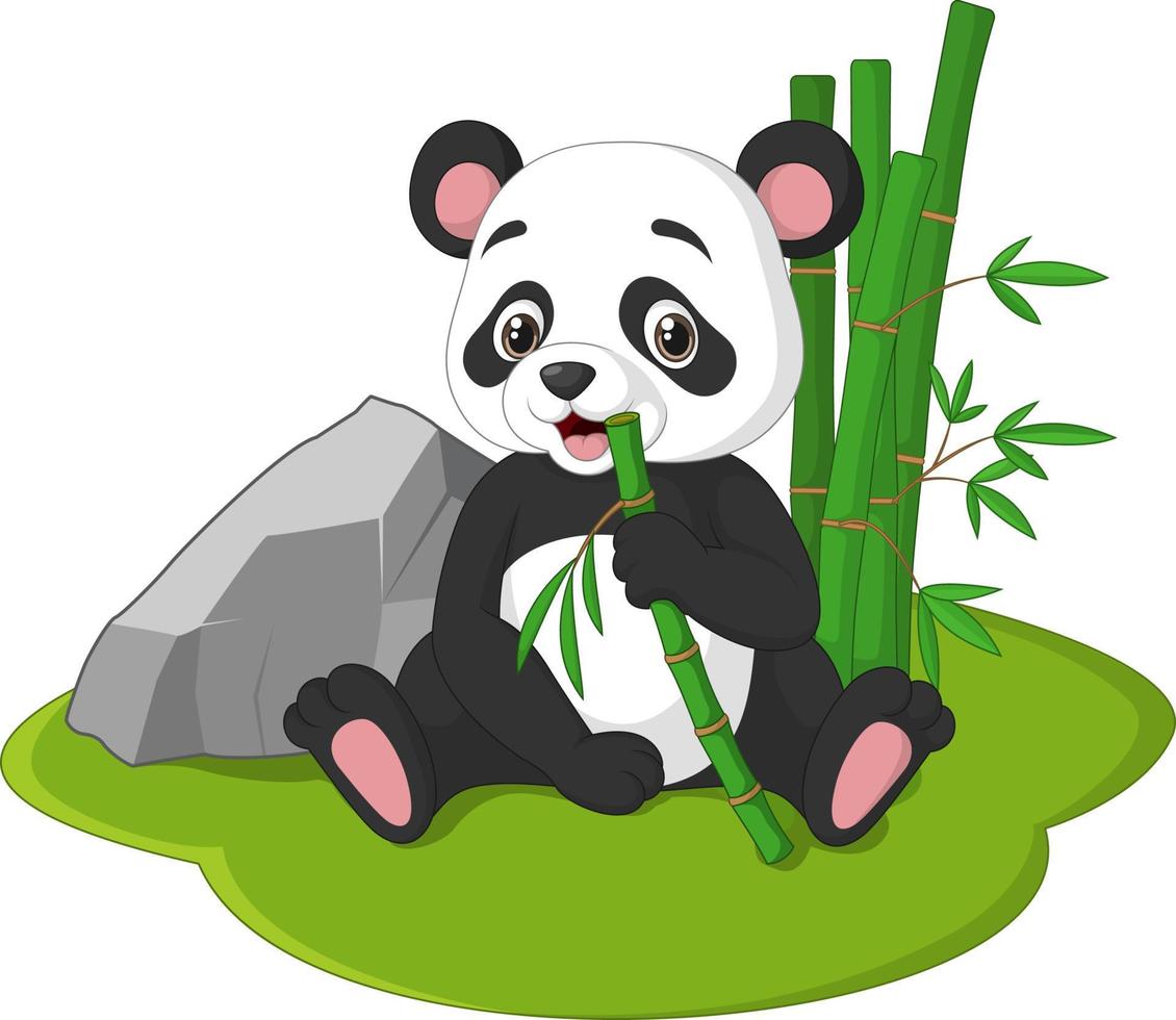 simpatico cucciolo di panda seduto che mangia steli di bambù vettore