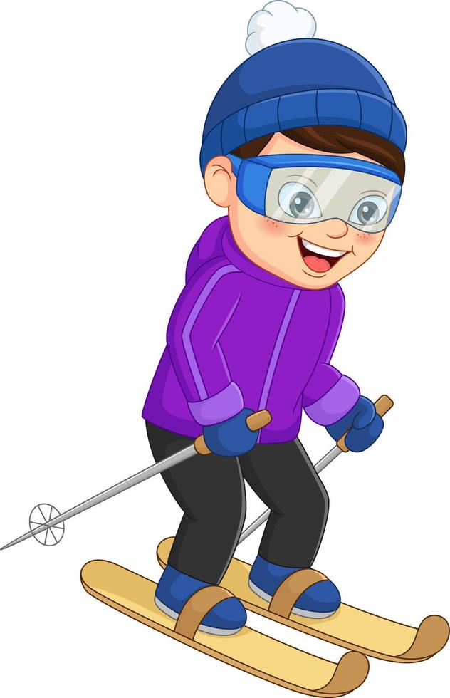 simpatico ragazzino che scia in abiti invernali vettore