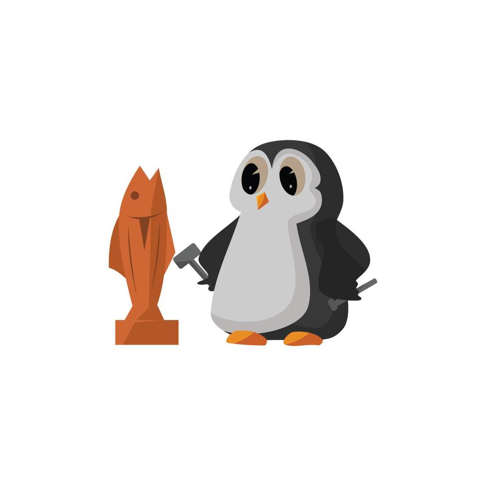 il pinguino sta intagliando il legno nel modello di illustrazione del pesce vettore