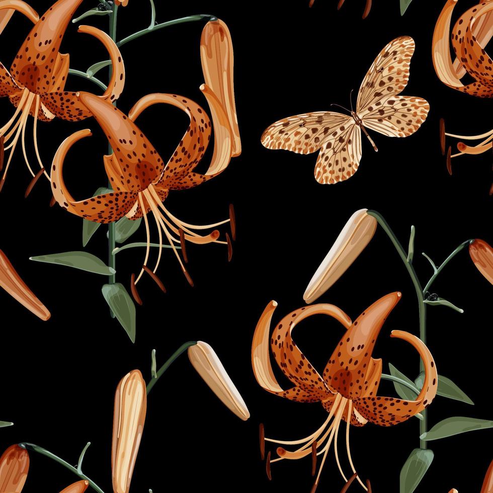 motivo floreale senza soluzione di continuità con un ramo di giglio arancione e una farfalla su sfondo nero. lilium lancifolium. modello tropicale. illustrazione vettoriale d'archivio.