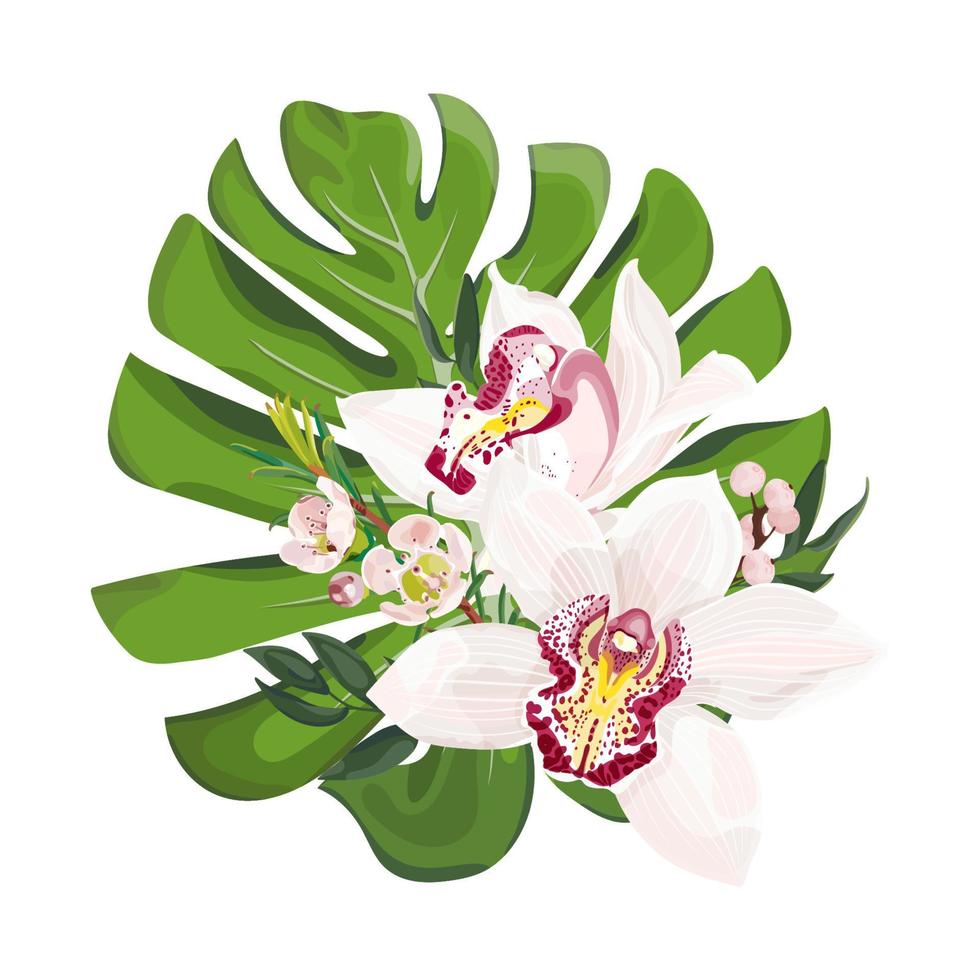 bouquet di fiori tropicali. foglie di monstera con fiori di orchidea cymbidium rosa. floristica per matrimoni. illustrazione di riserva di vettore isolato su priorità bassa bianca.