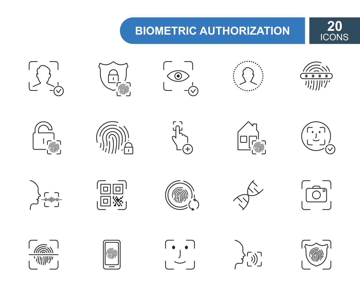 set di icone biometriche linea sottile. impronte digitali, ID viso, riconoscimento vocale, DNA, scansione oculare. icone di linea del segno di verifica biometrica dell'identità. vettore