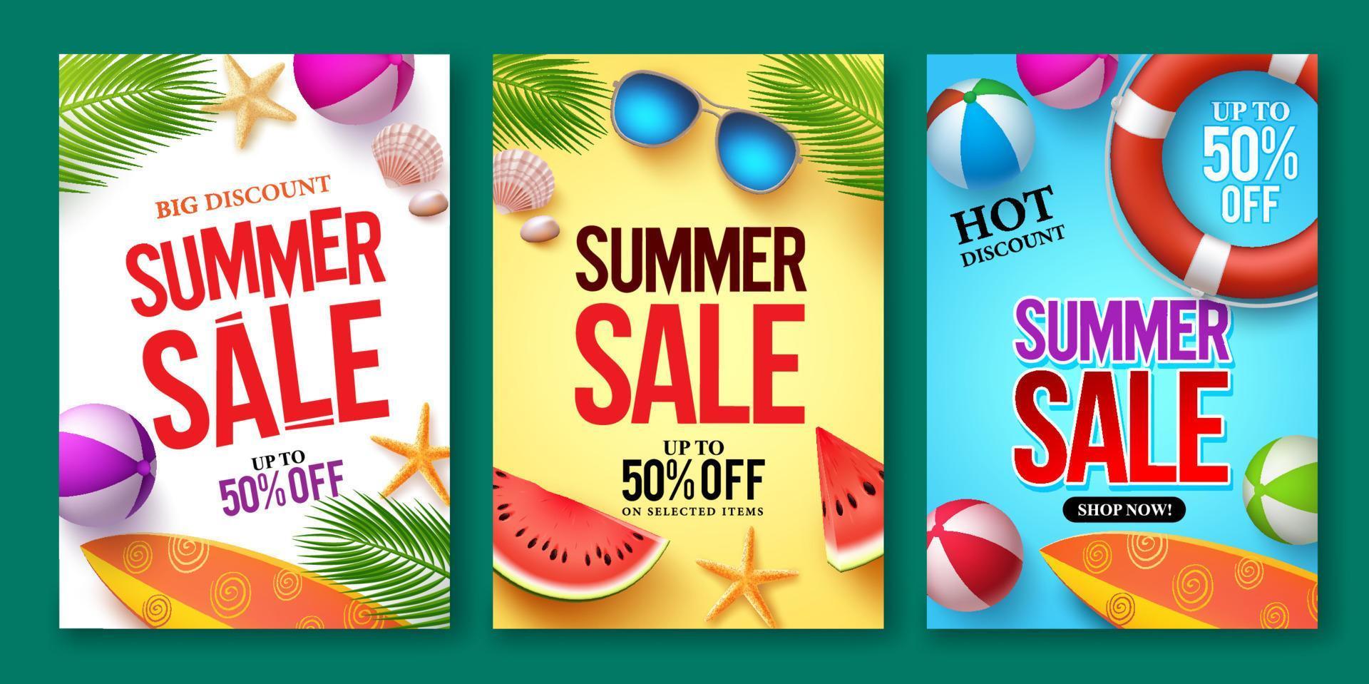 set di poster vettoriali per saldi estivi con testo di sconto ed elementi estivi in sfondi colorati