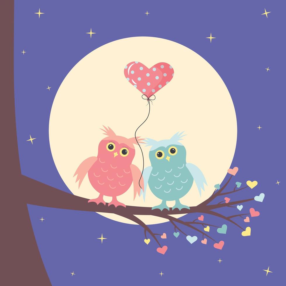 una coppia di simpatici gufi innamorati è seduta sul ramo. la luna e le stelle sono dietro e un palloncino a forma di cuore è tra di loro. vettore