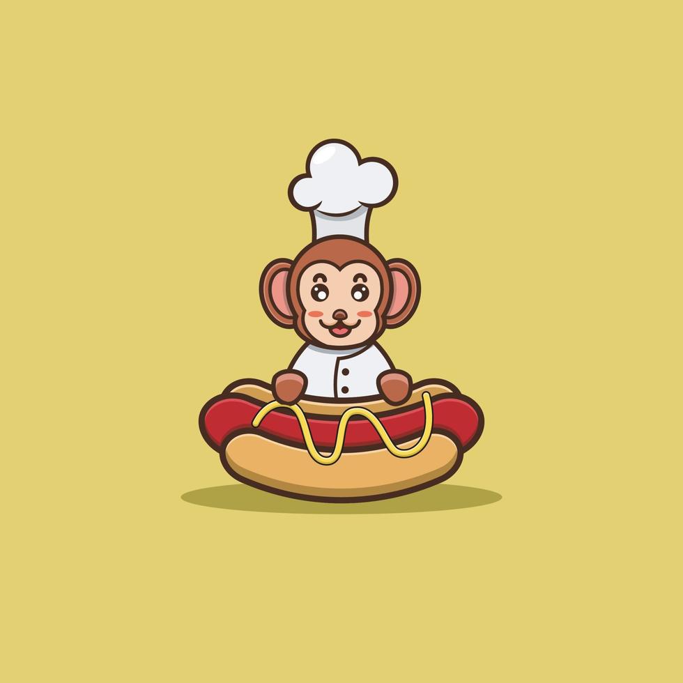 simpatico chef scimmia bambino su hot dog. personaggio, mascotte, logo, cartone animato, icona e design carino. vettore