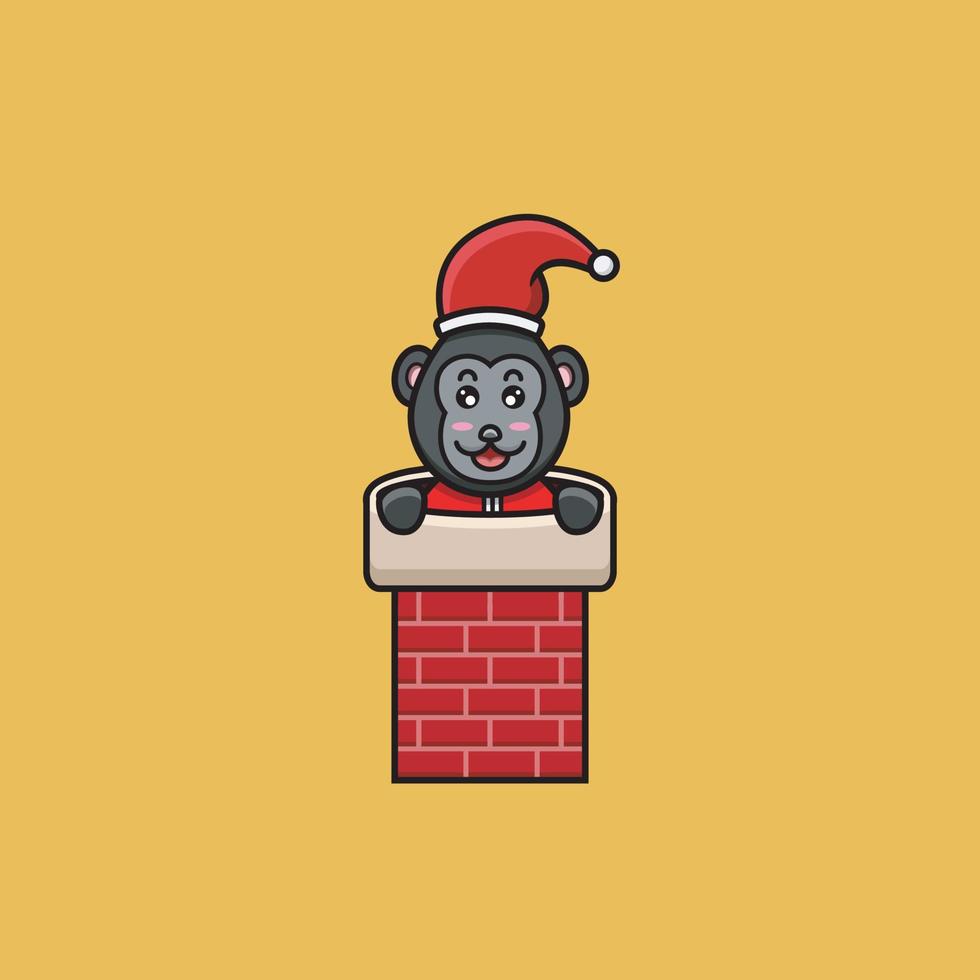 simpatico cucciolo di gorilla con costume da babbo natale e sul camino di casa. personaggio, mascotte, icona, logo, cartone animato e design carino. vettore