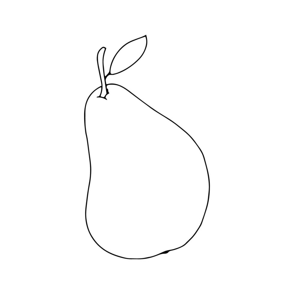 una pera con una foglia disegnata in stile scarabocchio. disegno di contorno.illustrazione in bianco e nero di una mela. frutta isolata su uno sfondo bianco.cibo per vegani.illustrazione vettoriale