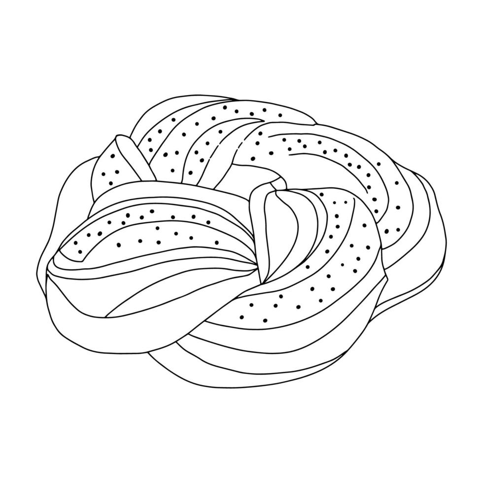 Twisted roll.torte nello stile di doodle.outline disegno a mano.immagine in bianco e nero.monochrome.bakery.sweets.sponge roll con semi di papavero.illustrazione vettoriale