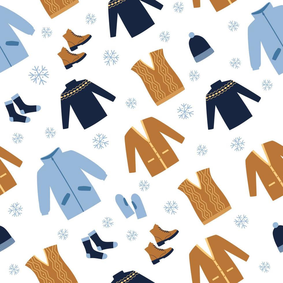 vestiti invernali senza cuciture. cappotto blu, maglione, stivali, calze, gilet e cardigan su sfondo bianco vettore
