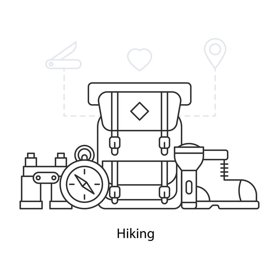illustrazione di accessori per escursionismo, vettore modificabile
