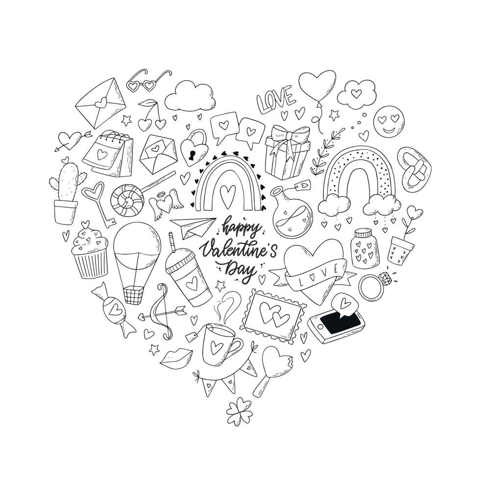 set di clipart monocromatiche disegnate a mano scarabocchi a forma di cuore. buono per pagine da colorare, biglietti di auguri, stampe, inviti, adesivi, ecc. eps 10 vettore