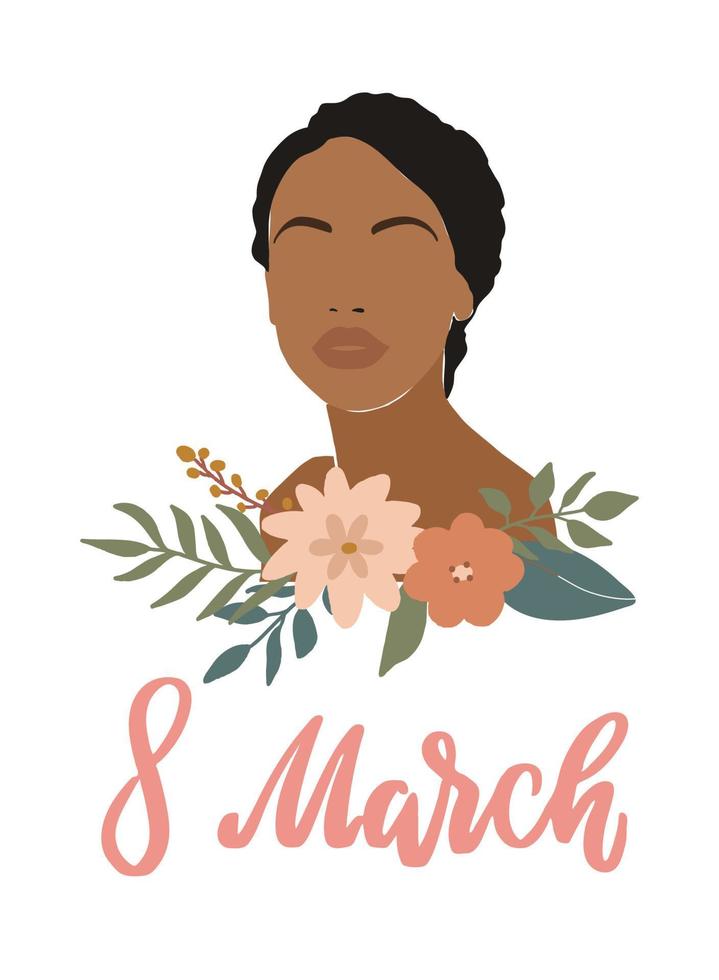 simpatica scritta a mano citazione "8 marzo" decorata con illustrazione astratta di una donna e fiori su sfondo bianco. ottimo per stampe, poster, cartoline, inviti, ecc. vettore