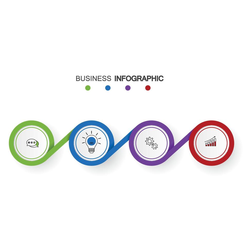 quattro elementi circolari con icone di carta e posto per il testo in cerchio su carta bianca. il concetto di 4 caratteristiche di sviluppo del business. modello di progettazione infografica. illustrazione vettoriale. vettore