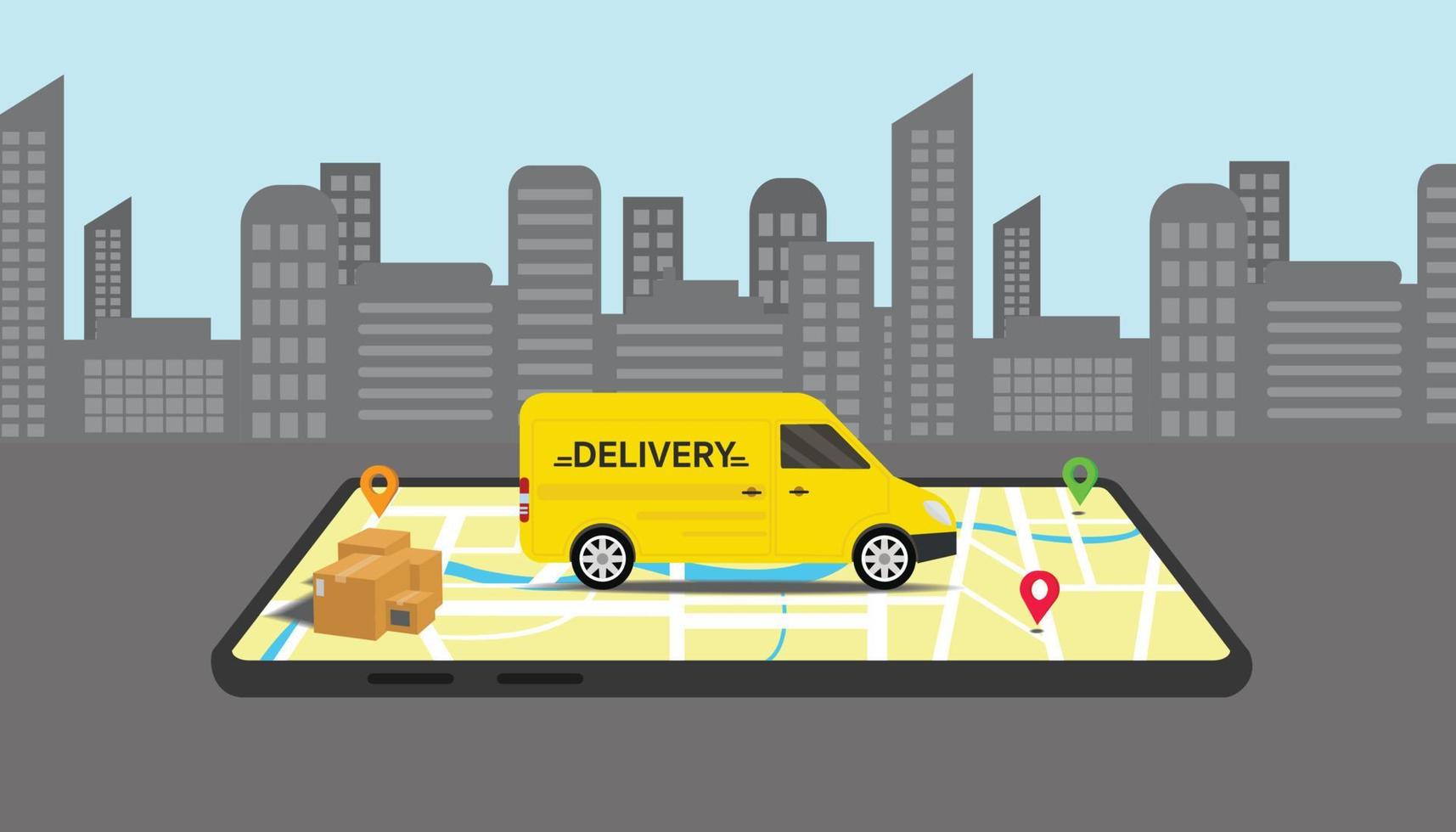 concetto di servizio di consegna online, sfondo della mappa stradale con uno smartphone. vettore