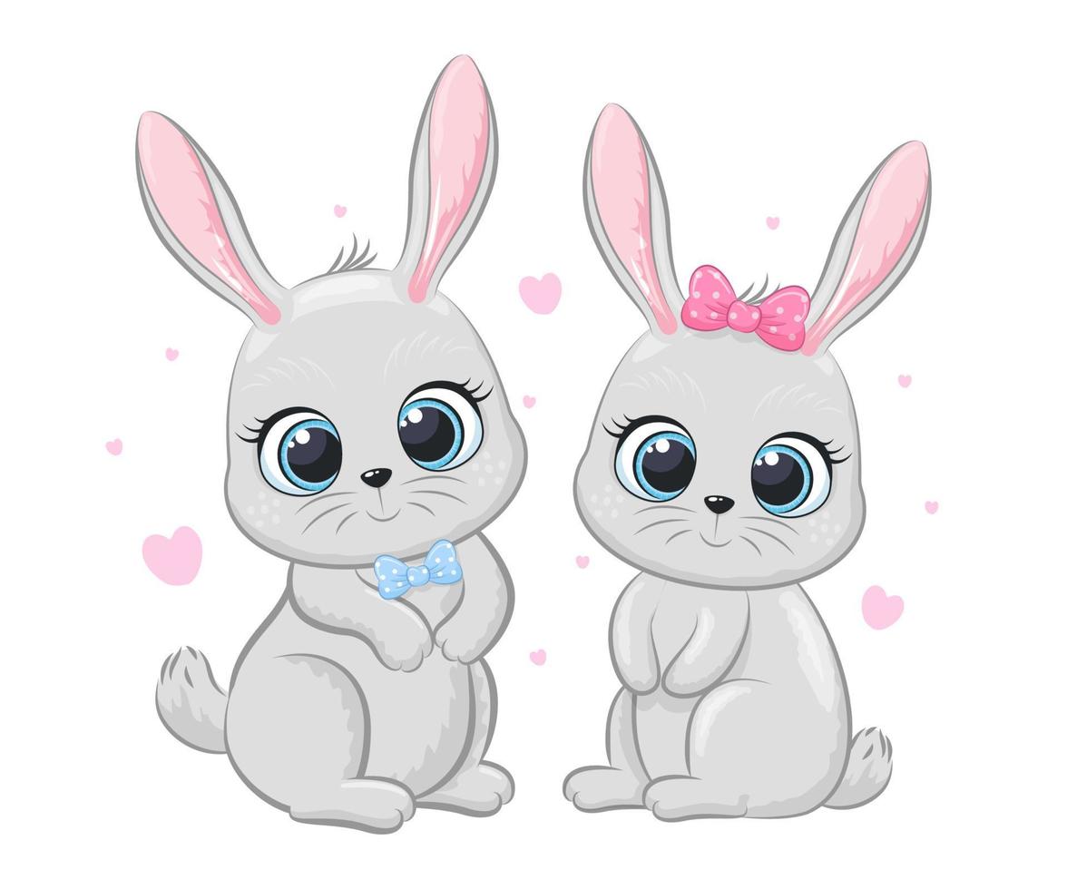 una simpatica coppia di conigli con i cuori. illustrazione vettoriale dei cartoni animati.