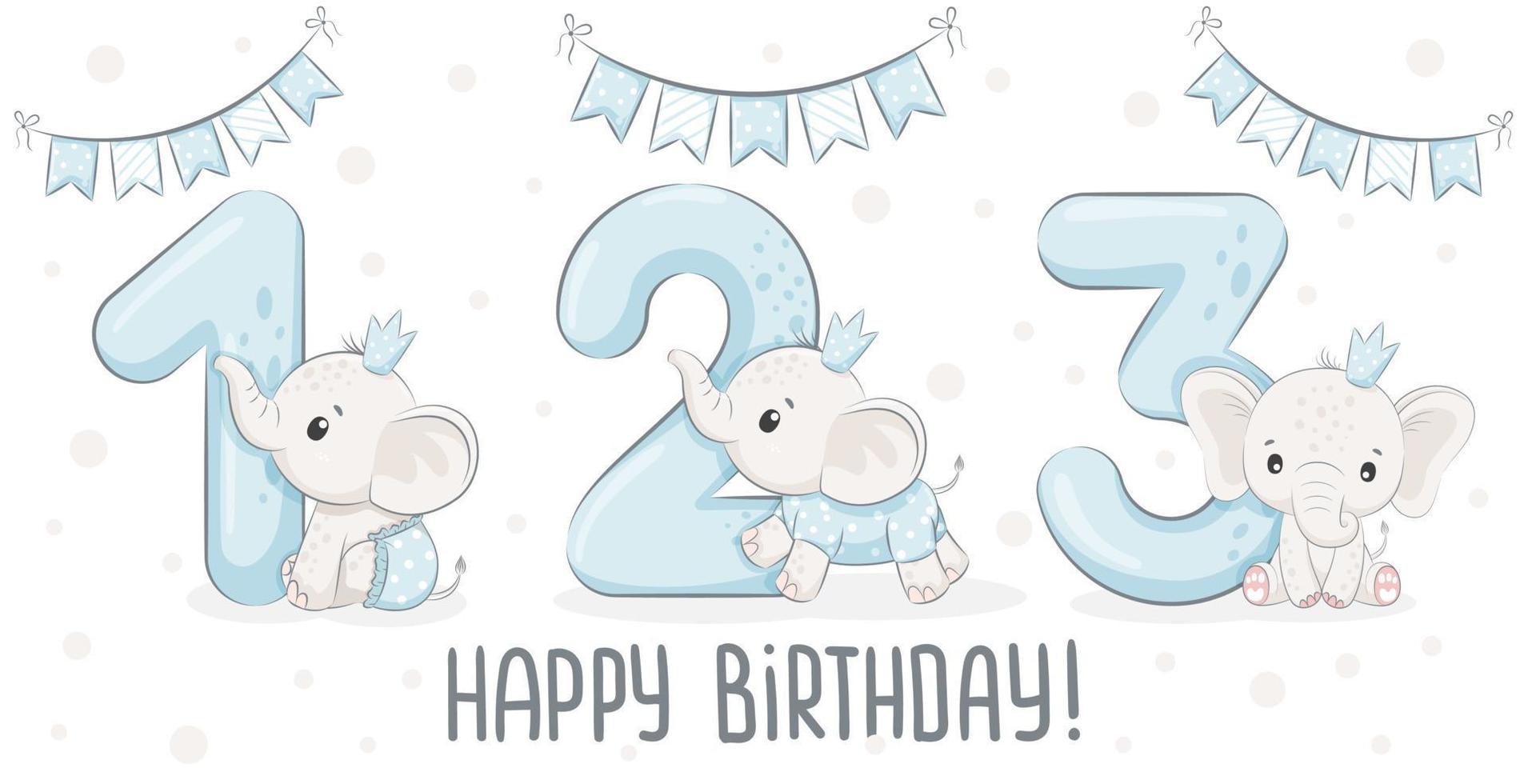collezione di simpatici elefanti - buon compleanno, 1,2,3 anni. illustrazione vettoriale di un cartone animato.