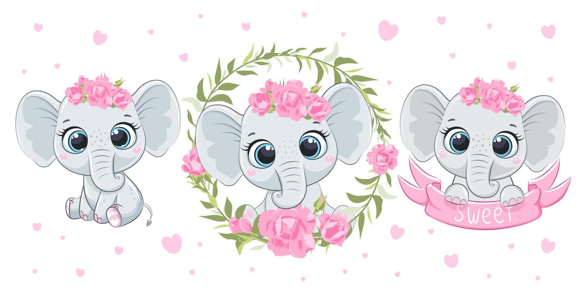 una serie di simpatici e dolcissimi elefantini. bambina elefantino. illustrazione vettoriale di un cartone animato.