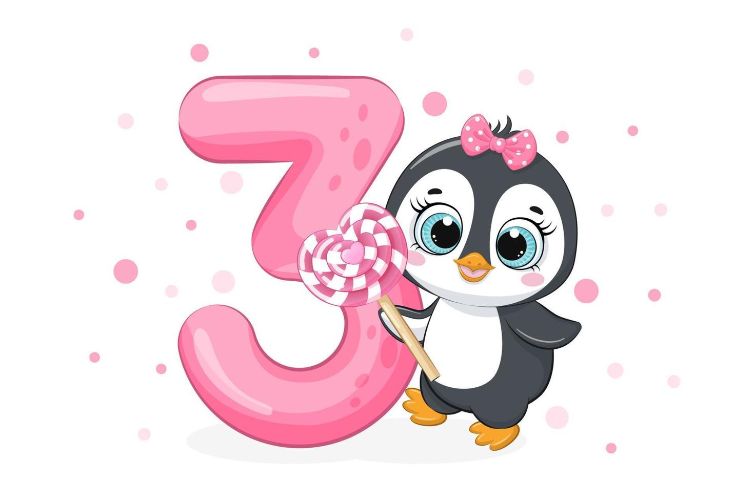 fumetto illustrazione - buon compleanno, 3 anni, simpatico pinguino. illustrazione vettoriale. vettore