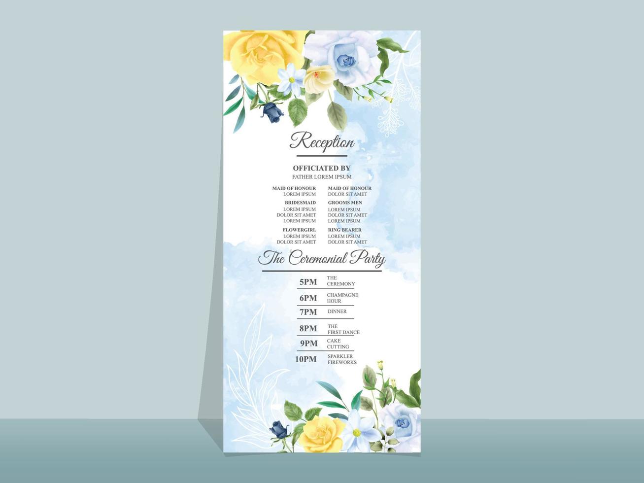 carta di invito a nozze con bellissimi fiori blu e gialli vettore