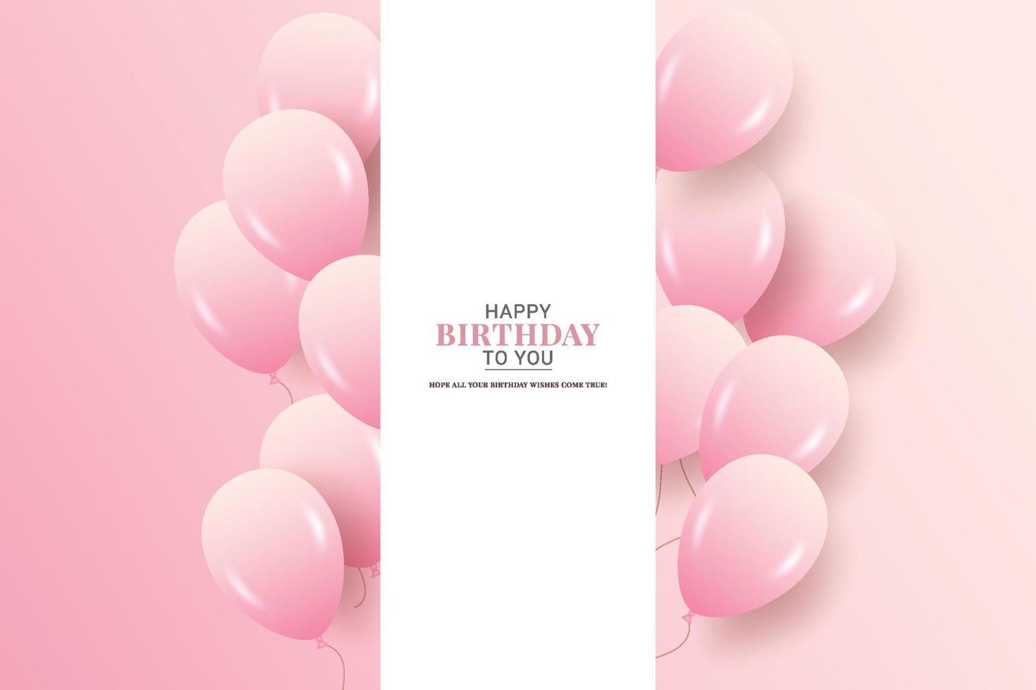 augurio di compleanno con set di palloncini viola rosa realistici e sfondo e testo rosa vettore