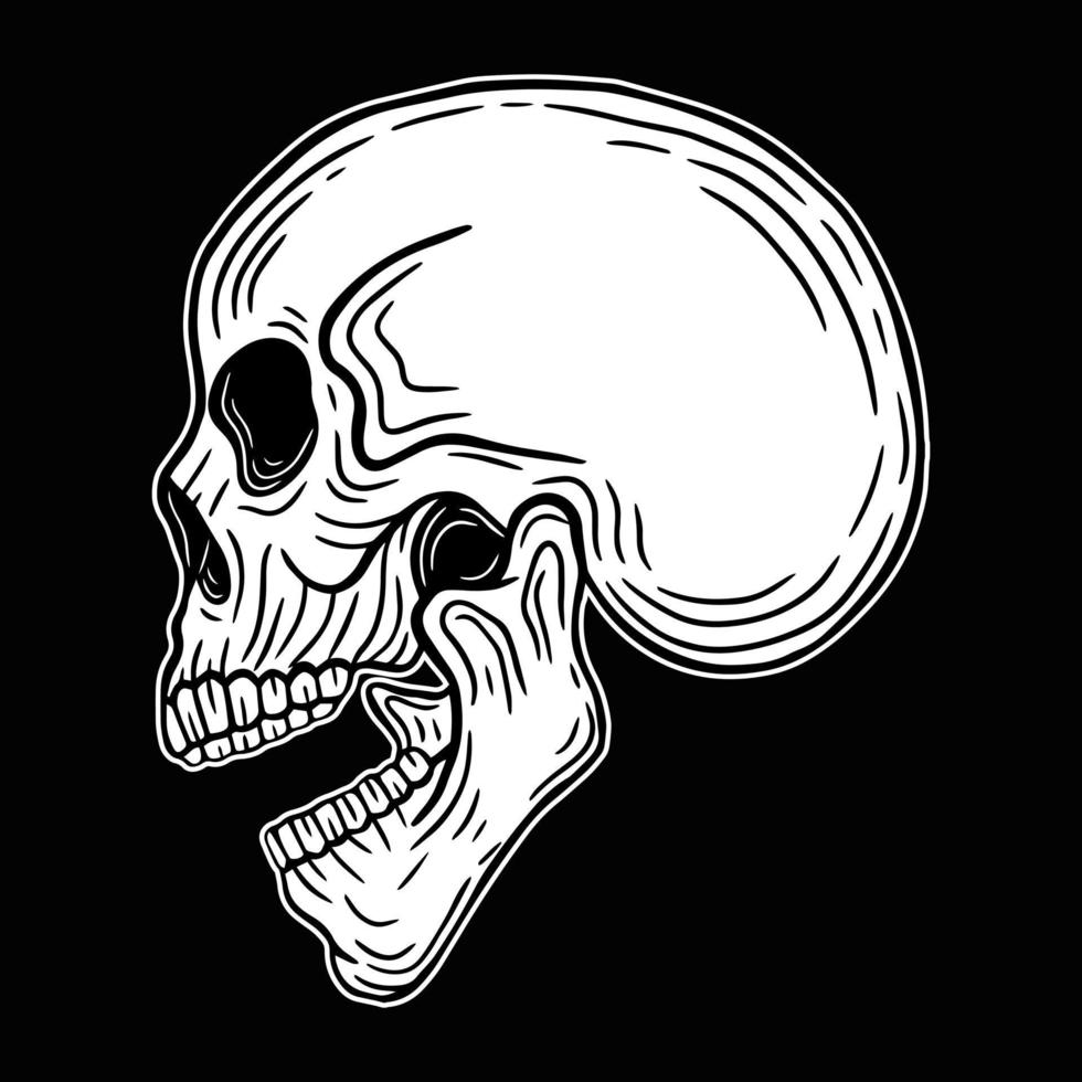 illustrazione di arte oscura di concetto di tatuaggio disegnato a mano in bianco e nero della testa del teschio vettore