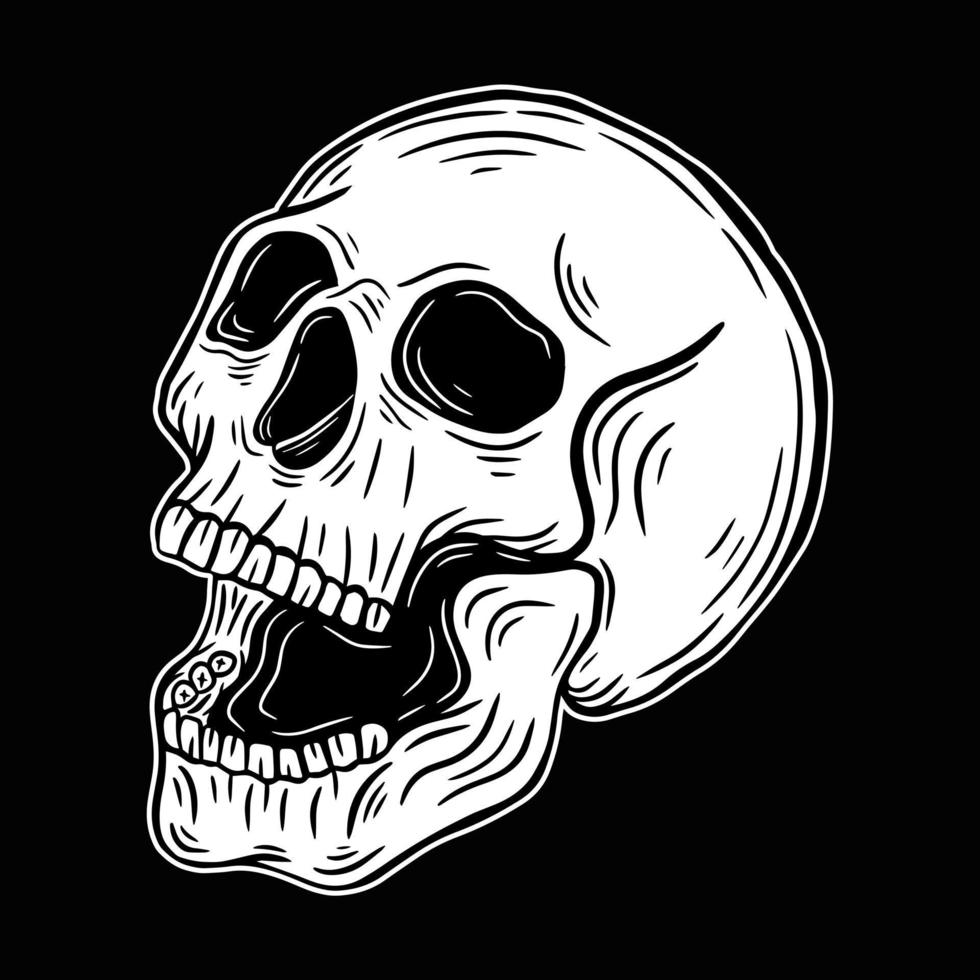 testa di teschio ossa disegnate a mano nero bianco arte scura elemento di design per etichetta, poster, illustrazione t-shirt vettore