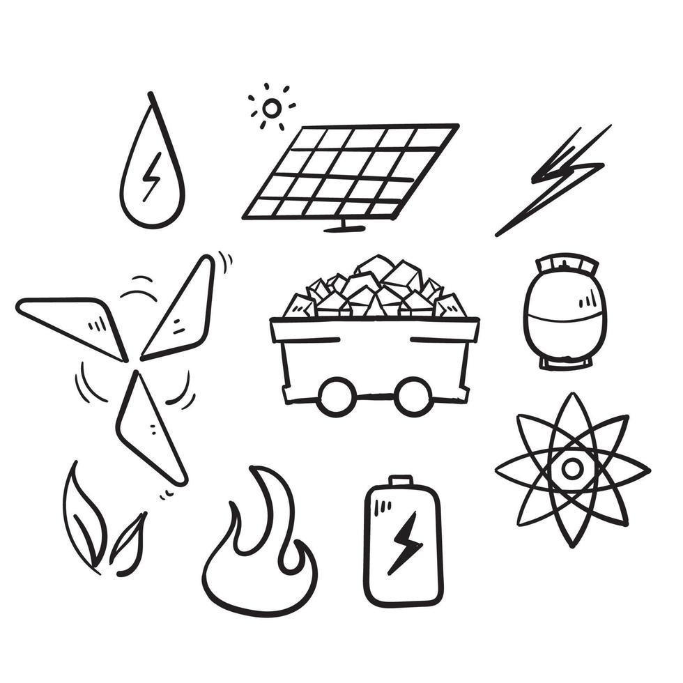 set semplice disegnato a mano di tipi di energia relativi icone di linea vettoriale isolate in doodle