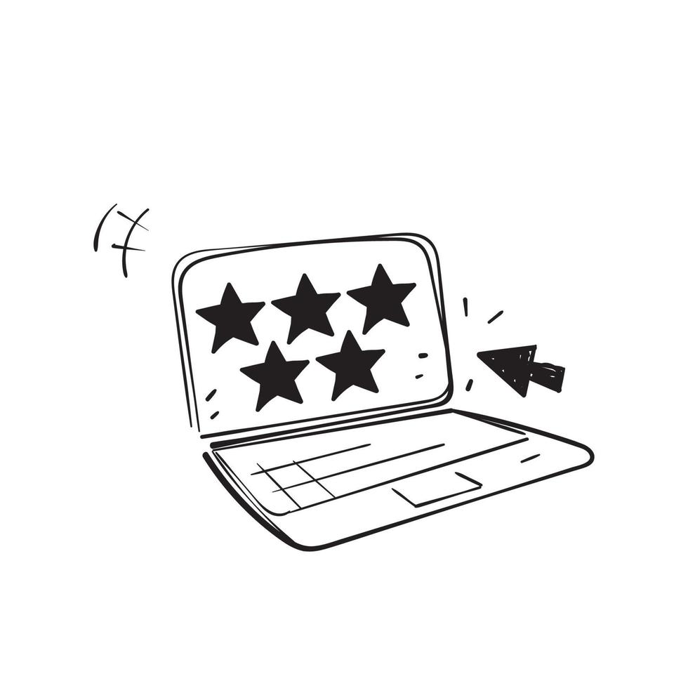 laptop doodle disegnato a mano con illustrazione dell'icona feedback recensione valutazione 5 stelle isolata vettore