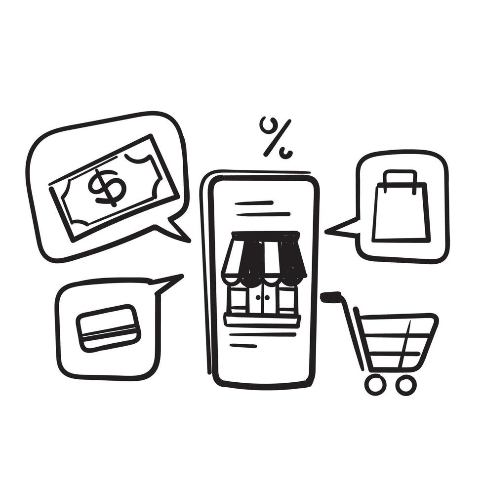 smartphone mobile disegnato a mano con app negozio. concetto di shopping online in doodle vettore