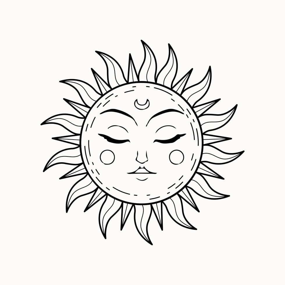 line art di mistico sole decorativo esoterico con viso di donna e occhi chiusi vettore