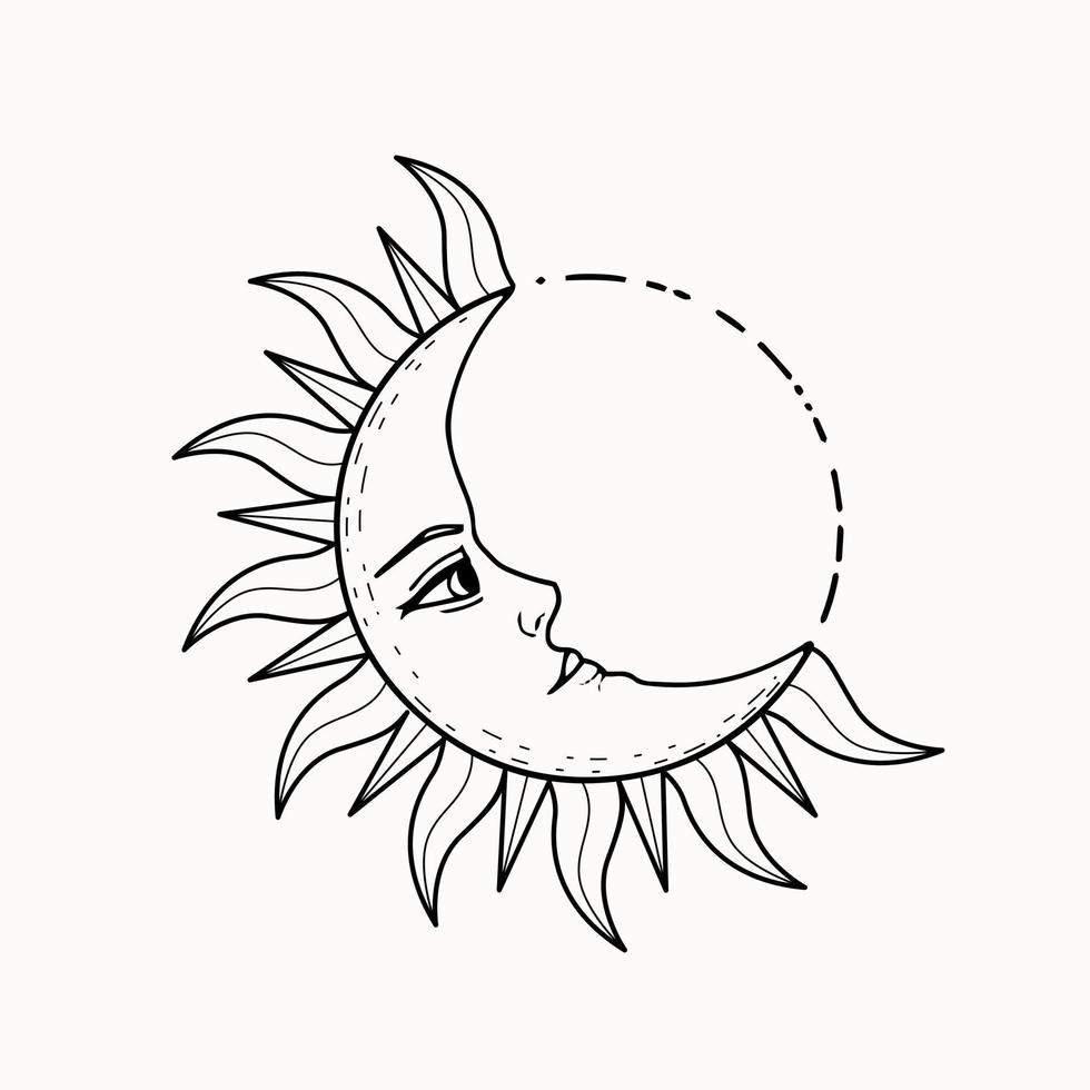 line art di mistica esoterica falce di luna decorativa con faccia vettore