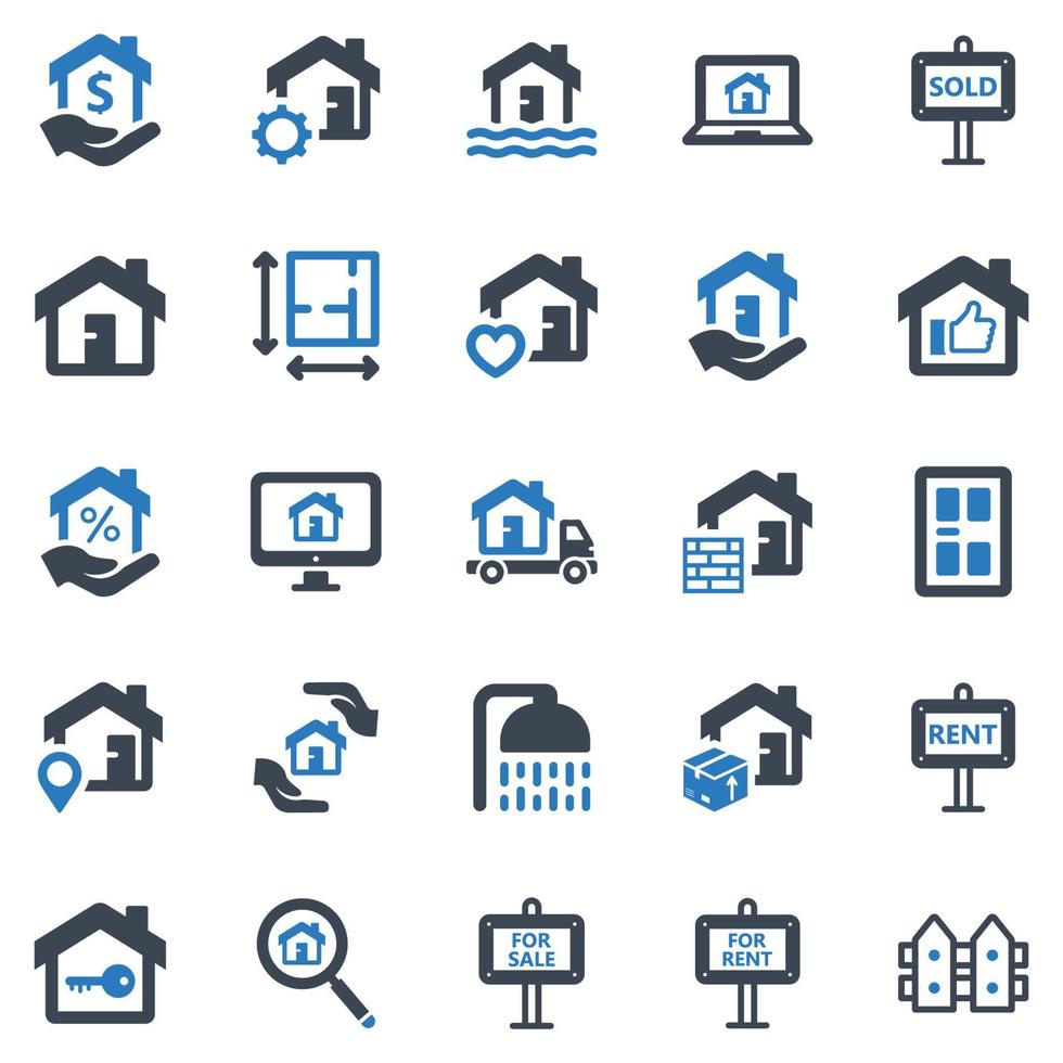 set di icone immobiliari - illustrazione vettoriale. immobiliare, casa, casa, proprietà, appartamento, edificio, costruzione, prestito, mutuo, icone. vettore